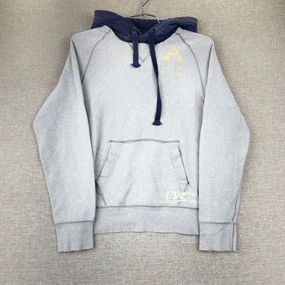 Abercrombie & Fitch Mens Medium Gray Navy Graphic Pullover Hoodie Distressed
